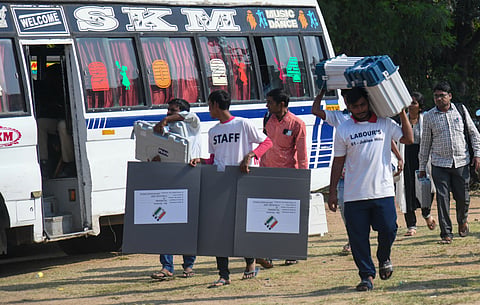 Polling officers seen Collecting the ballot boxes and Moving towards Transport buses in connection with Jubilee hills bye election.