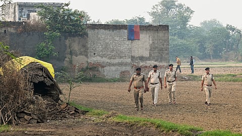 Police officials during a search and cordon operation linked to an interstate and transnational terror module, at Fatehpur Taga village, in Faridabad district, Haryana, Monday, Nov. 10, 2025.