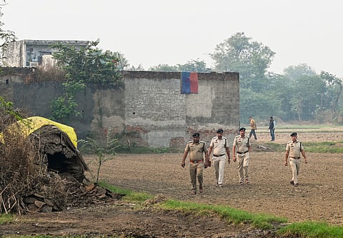 Police officials during a search and cordon operation linked to an interstate and transnational terror module, at Fatehpur Taga village, in Faridabad district, Haryana, Monday, Nov. 10, 2025.