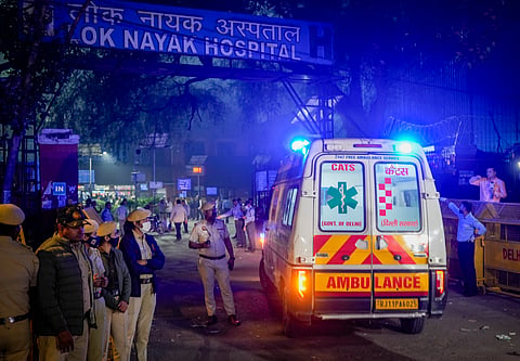An ambulance arrives at the LNJP Hospital, where victims of the car blast that occurred near the Red Fort have been admitted, in New Delhi, Monday, Nov. 10, 2025.