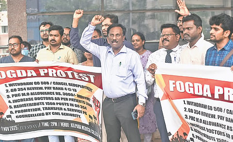 Government doctors protest at the Kilpauk medical college and hospital in Chennai on Tuesday