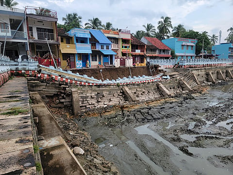 Kanniyakumari MLA N Thalavai Sundaram, who inspected the site, said several houses were located close to the damaged wall and could be at risk if rainfall continues.