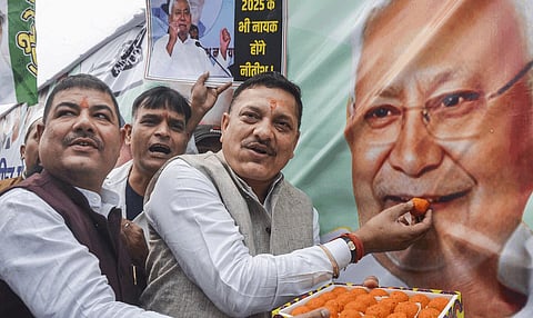 Supporters of NDA allies celebrate the ruling alliance’s big win in the Bihar Assembly polls.