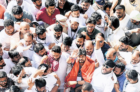 Congress candidate Naveen Yadav takes out a victory rally after winning the Jubilee Hills bypoll