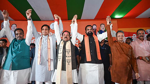 BJP State President Dilip Jaishwal, along with Deputy CM Samrat Chaudhary, Union Minister Nityanand Rai and others, celebrate the NDA's win in Patna on Friday.