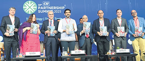 IT Minister Nara Lokesh taking part in a session on ‘AI and the Future of Jobs’ at the CII Summit in Vizag on Saturday | Express