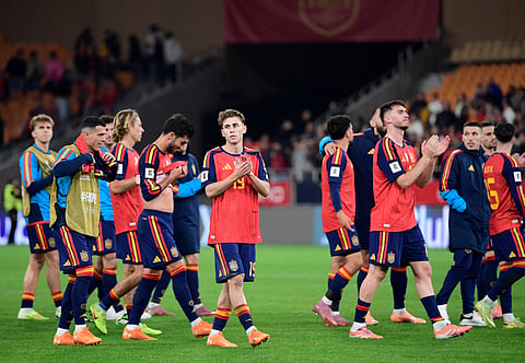 Spain's applaud at the end of the FIFA World Cup 2026 European qualification Group E football match between Spain and Turkey at the Cartuja stadium in Seville on November 18, 2025.