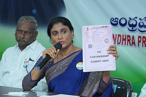 APCC president YS Sharmila addressing the media on Wednesday.