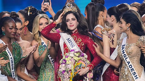 Miss Mexico Fatima Bosch, center, is celebrated by other contesters after winning the 2025 Miss Universe pageant in Nonthaburi, north of Bangkok, Thailand, Friday, Nov. 21, 2025.