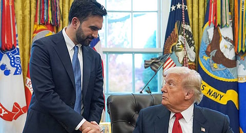 President Donald Trump shakes hands with New York City Mayor-elect Zohran Mamdani in the Oval Office of the White House, Friday, Nov. 21, 2025, in Washington.