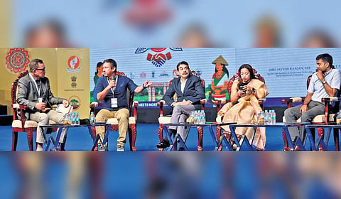 Sportspersons, bureaucrats and journalists at the panel discussion — Spirit of the Game: Connecting Telangana and the North-East’ during the Telangana–North East Connect Phase I — in Hyderabad on Saturday.