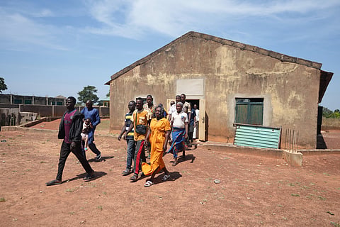 People who were kidnapped during a church service in November 2024 leave after a church meeting in Kaduna, northwestern Nigeria, Nov. 6, 2025.