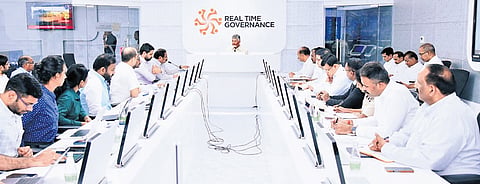 Chief Minister Nara Chandrababu Naidu chairing the review meeting on RTGS performance at the Velagapudi Secretariat on Monday