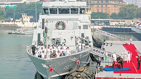 Chief of Army Staff General Upendra Dwivedi was the chief guest during the commissioning of INS Mahe at Naval Dockyard, Mumbai, on Monday