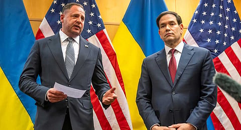 Head of the Office of the President of Ukraine Andriy Yermak, second right, and U.S. Secretary of State Marco Rubio talk to the press as their consultations continue at the U.S. Mission to International Organizations in Geneva, Switzerland, Sunday, Nov. 23, 2025.