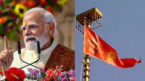 Prime Minister Narendra Modi speaks during the 'Dhwajarohan' ceremony at the Ram Temple, in Ayodhya, Uttar Pradesh.