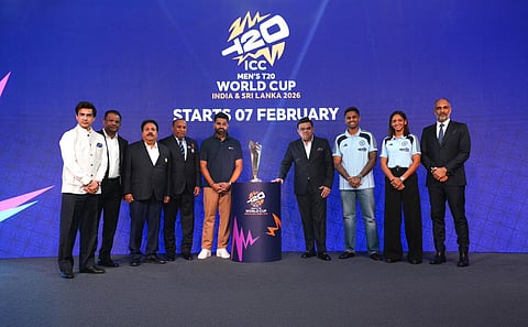 ICC Chair Jay Shah (C), India captains Suryakumar Yadav and Harmanpreet Kaur with former skipper Rohit Sharma at the launch of the tournament in Mumbai