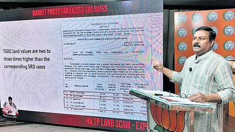 BJP Legislature Party leader Alleti Maheshwar Reddy makes a PowerPoint presentation on HILTP at the BJP state office in Nampally on Wednesday