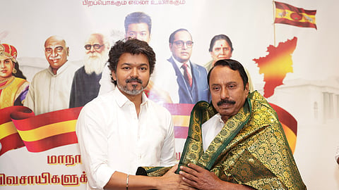 TVK president Vijay welcomes KA Sengottaiyan to his party after he joined the party on Thursday.