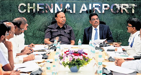 Sriperumbudur MP T R Baalu and Chennai Airport director M Raja Kishore during the Airport Advisory Committee meeting held at Chennai Airport on Friday
