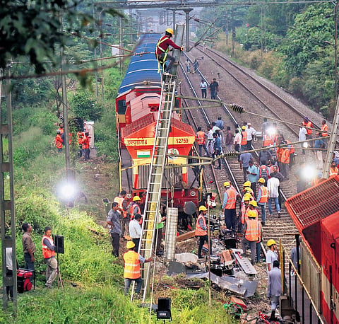 The derailed engine is being removed at Kalamassery on Thursday