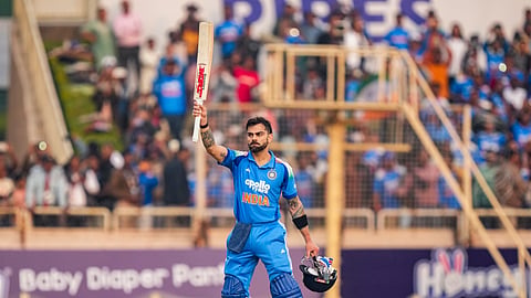 India's Virat Kohli celebrates his century during the first ODI cricket match of a series between India and South Africa, at JSCA International Stadium Complex, in Ranchi, Jharkhand, Sunday, Nov. 30, 2025.