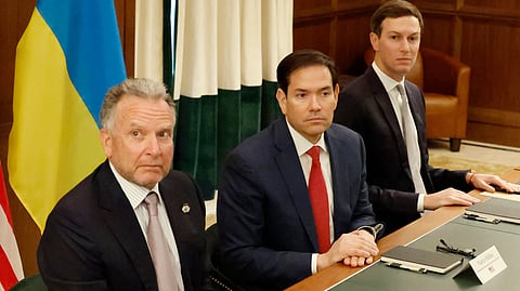 Special Envoy Steve Witkoff, left, Secretary of State Marco Rubio, center, and Jared Kushner attend a meeting with Ukrainian officials Sunday, Nov. 30, 2025, in Hallandale Beach, Fla