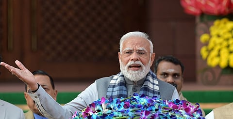 Prime Minister Narendra Modi addresses the media on the first day of the Winter Session of Parliament, in New Delhi on Monday.