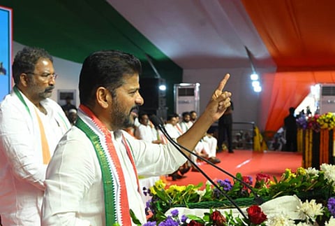 Chief Minister A Revanth Reddy address during a public meeting as part of the Praja Palana Celebrations at Maktha.