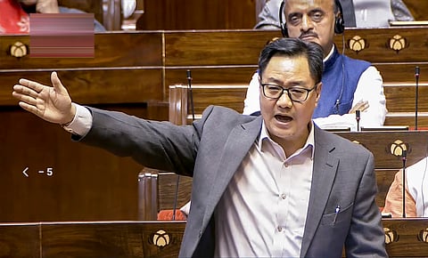 Union Minister Kiren Rijiju speaks during the Winter Session of Parliament, in New Delhi, Tuesday, Dec. 2, 2025.