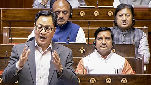 Union Minister Kiren Rijiju speaks during the Winter Session of Parliament in New Delhi, Tuesday, Dec. 2, 2025.