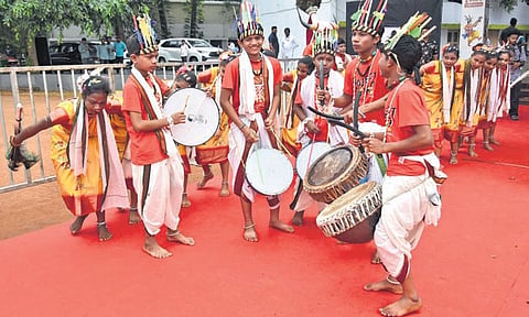 Ekalavya School students from various States participate in the 6th National EMRS Cultural, Literacy Fest and Kala Utsav - Udbhav 2025 at KL University in Vaddeswaram of Guntur district.