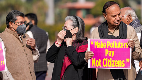 Congress leader Sonia Gandhi and other leaders at a protest during Parliament's winter session in New Delhi, Thursday, Dec. 4, 2025.