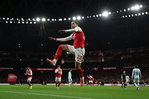 Arsenal's Mikel Merino celebrates scoring the opening goal during the English Premier League football match between Arsenal and Brentford at the Emirates Stadium in London on December 3, 2025.