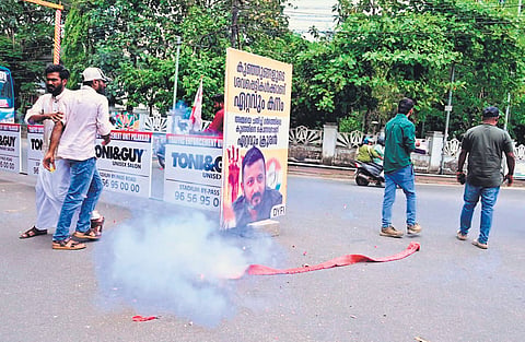 DYFI activists burst crackers in Palakkad after the anticipatory bail plea submitted by Rahul Mamkootathil was dismissed on Thursday
