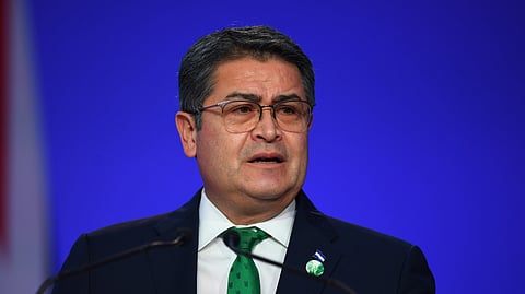 Honduras' President Juan Orlando Hernandez speaks during the opening ceremony of the UN Climate Change Conference COP26 in Glasgow, Scotland, Monday, Nov. 1, 2021.