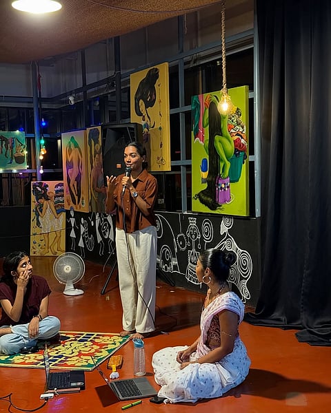 Athira speaking at an event organised by Thambu Women's Theatre Collective at Thudippu Dance Foundation earlier
