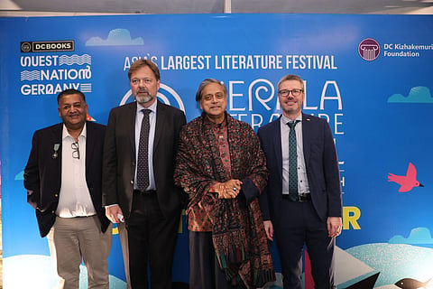 Shashi Tharoor with other delegates including the German Ambassador (second from left) at his official residence