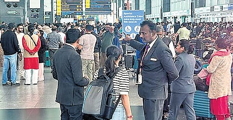 Thousands of flyers were left stranded at Terminal 1 of KIA as IndiGo’s flight disruptions continued on the fourth day on Friday.