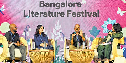 Panelists for the session ‘What do men fear? Peeping into the male mind’, Dilip Pattubala, Sonora Jha, and Kartikeyan V at the Literature Festival