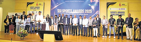 Awardees along with chief secy Manoj Ahuja, SSI founder Dr Sarthak Patnaik and others at the award ceremony on Saturday