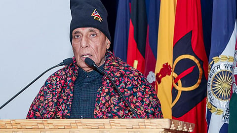 Union Defence Minister Rajnath Singh addresses the soldiers during the dedication to the nation of 125 border infrastructure projects, in Leh on Sunday.