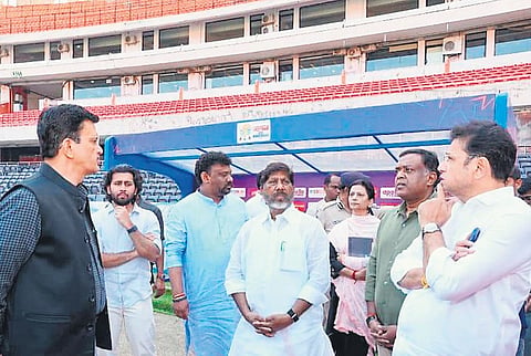 Deputy Chief Minister Mallu Bhatti Vikramarka and IT & Industries Minister D Sridhar Babu inspect the arrangements being made for a friendly match between teams led by Messi and Revanth Reddy at Uppal stadium in Hyderabad on Sunday