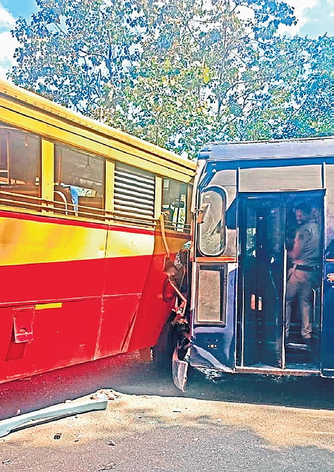 The accident involving two KSRTC buses that collided near the Chakkupalam curve on the Pampa-Nilakkal route on Tuesday