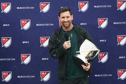 Inter Miami forward Lionel Messi speaks after receiving the MLS MVP Award Tuesday, Dec. 9, 2025, in Fort Lauderdale, Fla.