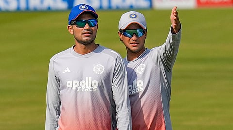 Indias Shubman Gill, left, and Abhishek Sharma during a training session