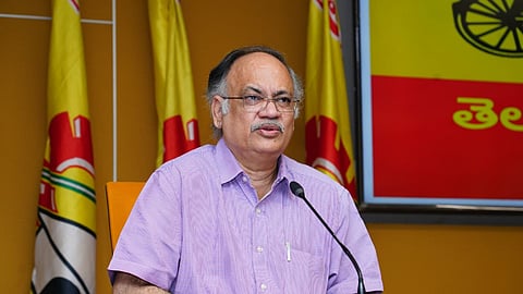Swarnandhra P-4 Foundation Vice Chairman C Kutumba Rao addressing a media conference at the TDP central office on Tuesday.