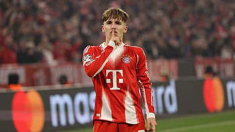 Bayern Munich's Lennart Karl scores his team's second goal 2:1 during the UEFA Champions League, league phase - day 6 football match between Bayern Munich and Sporting CP in Munich, southern Germany, on December 9, 2025.