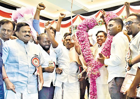 AIADMK general secretary Edappadi K Palaniswami being honoured by senior party leaders during the general council meeting at Vanagaram in Chennai | P Jawahar