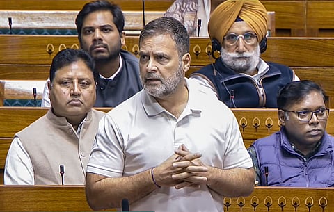 Leader of Opposition in the Lok Sabha and Congress MP Rahul Gandhi speaks in the House during the Winter session of Parliament, in New Delhi, Friday, Dec. 12, 2025.